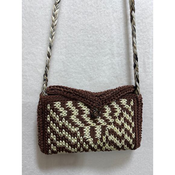 Handmade Artsy Crochet Brown Shoulder Bag 4x7 Flap Button Braided Strap Hippie - Picture 3 of 7